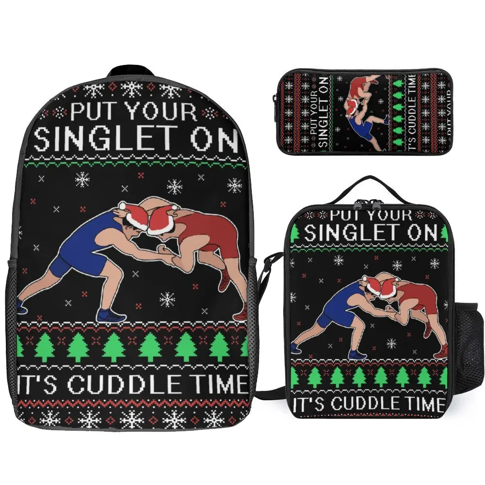 

Wrestling Put Your Singlet On Christmas Gift For Y 3 in 1 Set 17 Inch Backpack Lunch Bag Pen Bag Lasting Lunch Tote Cozy Sports