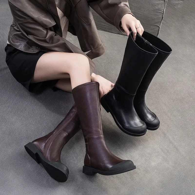 

Krasovki 3cm Natural Genuine Leather Motorcycle Boots Women Flats ZIP Punk Knee High Ankle Booties Flats Platform Wedge Booties
