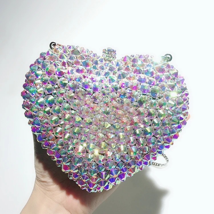 Factory Supply Love Heart Shape Handmade Diamond Chain Crystal Stone Wedding Dinner Portable Diamond Bag