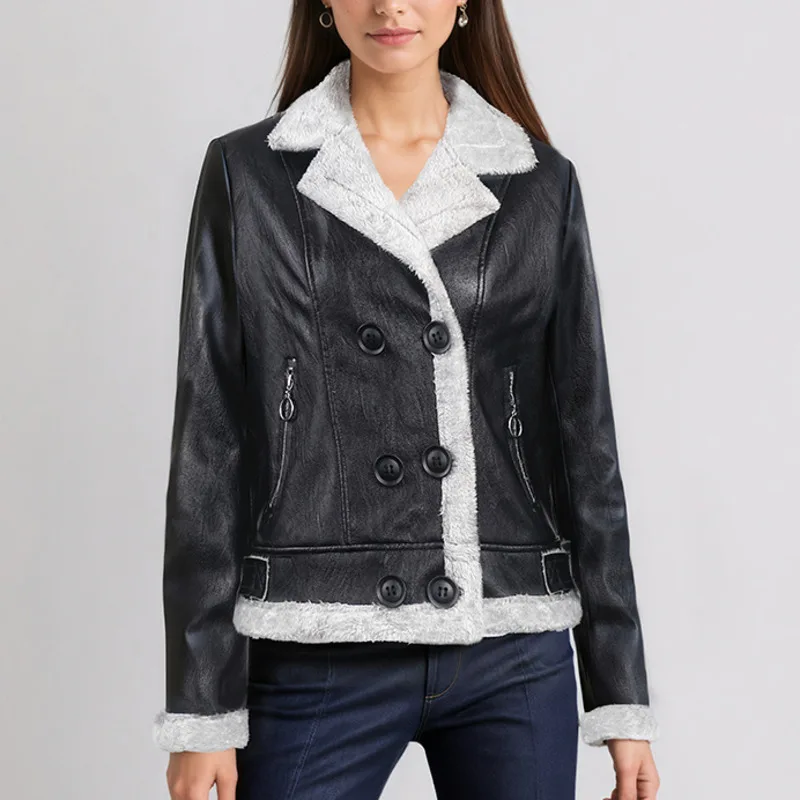 HKSH Otoño Invierno nueva chaqueta de mujer con forro polar de cuero PU grueso cuello vuelto bolsillos de doble botonadura abrigo elegante HK12956