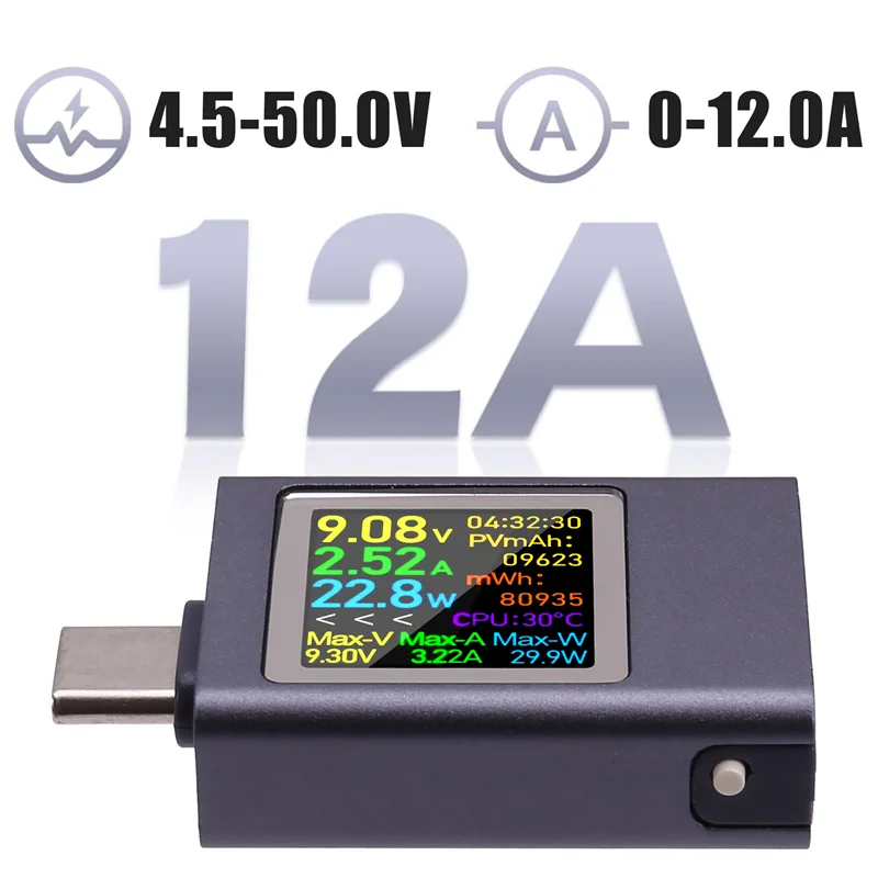 AB47-DC4.5-50V 0-12A PD3.1 pantalla Digital multifunción amperímetro de voltaje CC medidor de potencia tipo C probador de carga de teléfono móvil