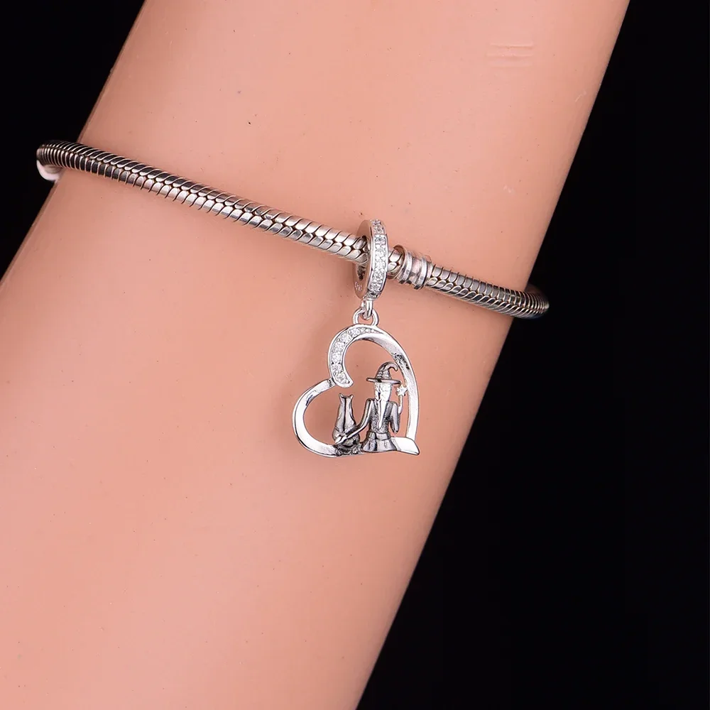 Fit Original Pan Charms Bracelet 925 Silver Witch Hand with Magic Stick And Black Cat Bead For Making Women Berloque 2024