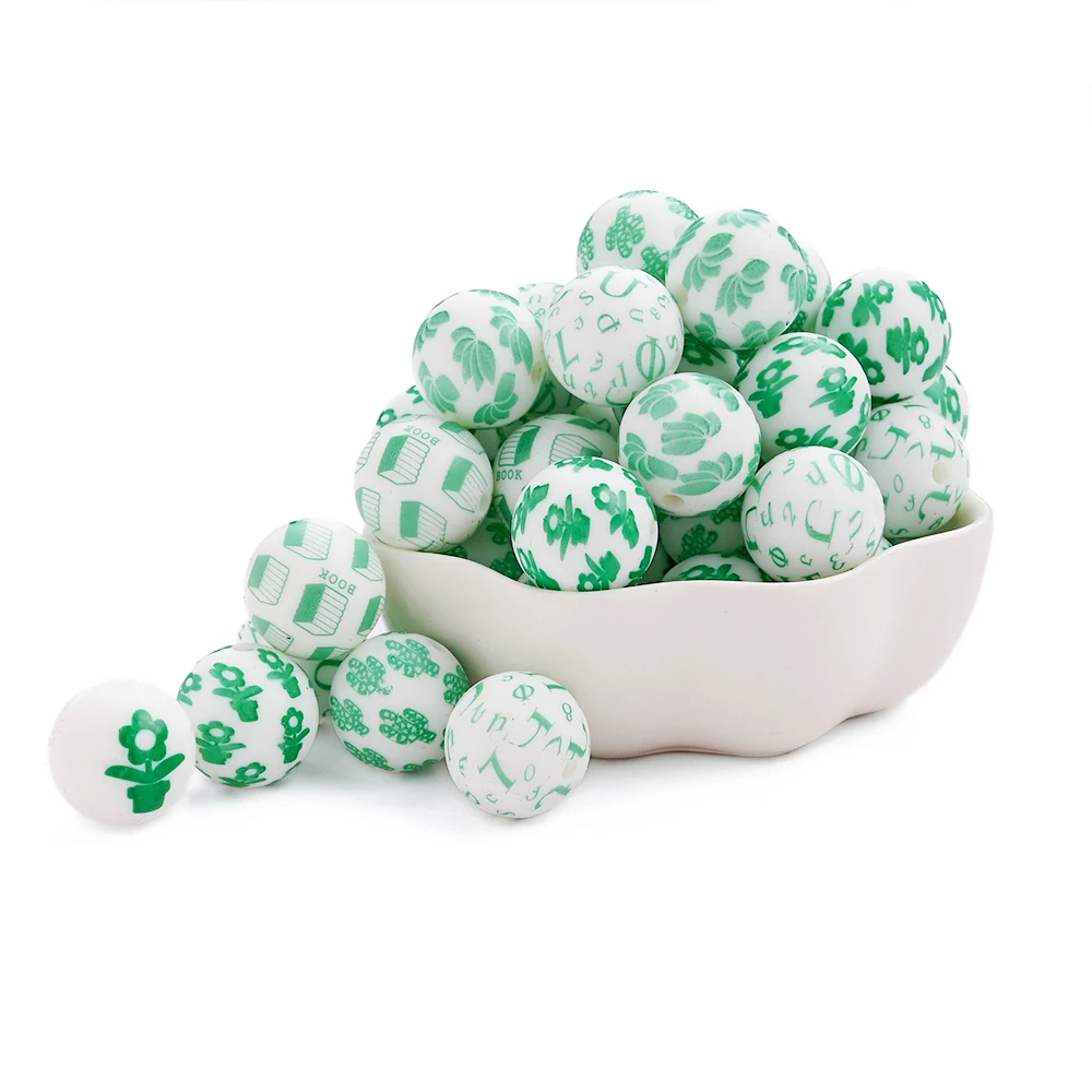 

10Pcs/lot Printed Silicone Beads 15mm Round Green Series Silicone Loose Beads For DIY Pacifier Chain Teether Toy Accessories