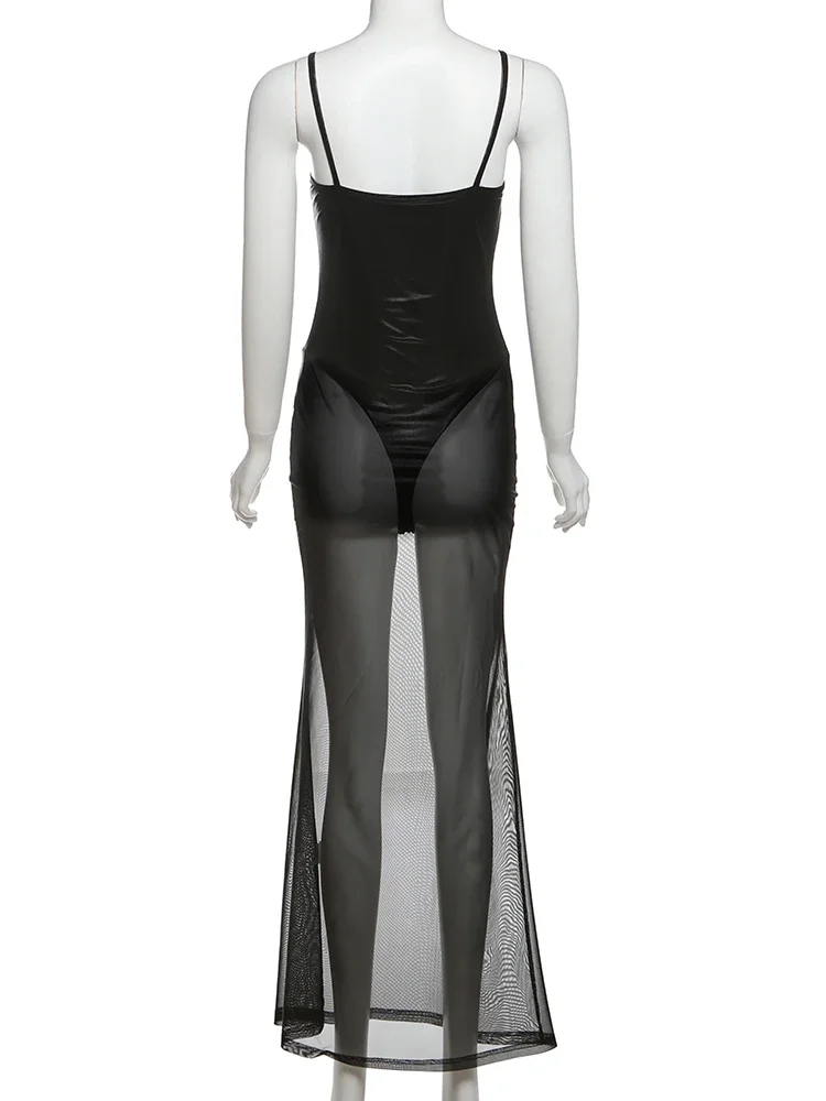 Y2Kตาข่ายPatchworkชุดผู้หญิงเซ็กซี่HipsterแขนกุดMidnightเซ็กซี่ปาร์ตี้ClubwearยืดผอมMaxi Bodycon