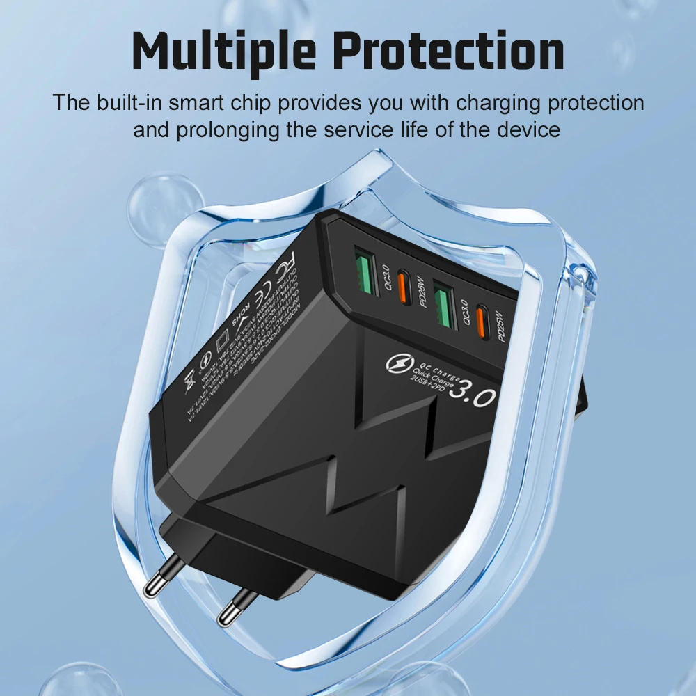 USB نوع C شاحن سريع 25 واط متعدد المنافذ الهاتف المحمول عالية السرعة محول الشحن آيفون هواوي سامسونج Xiaomi الاتحاد الأوروبي/الولايات المتحدة/KR التوصيل