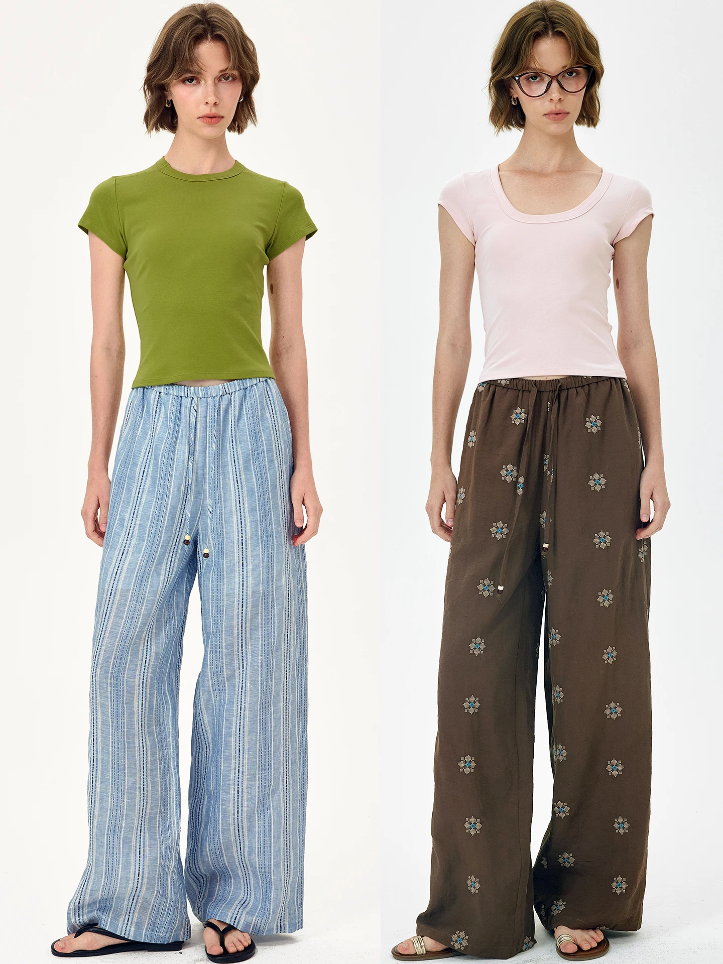 

Monroo American Retro Linen Embroidered Elastic Waist mid Low Waist Straight Casual Pants Women Summer Dstring Thin Long T...