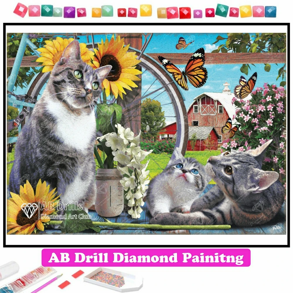 

Sunflower Cats 5D DIY AB Diamond Painting Mosaic Cute Animal Rhinestone Cross Stitch Needlework Handicrafts Home Decor Gift