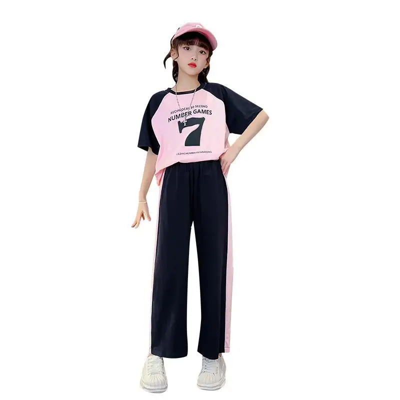 Girls Summer Fashion Trendy Short Sleeve Suits 4 6 8 10 12 14 Years Youth Teenage Girls Korean Style 2Pcs Tees Clothes  987