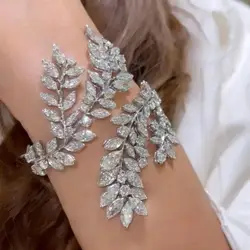 2024 Exquisite Zirconia Leaves Cuff Bracelet Bangle Bridal Hand Jewelry Gorgeous Female Indian Wedding Open Bangle Chain Gift