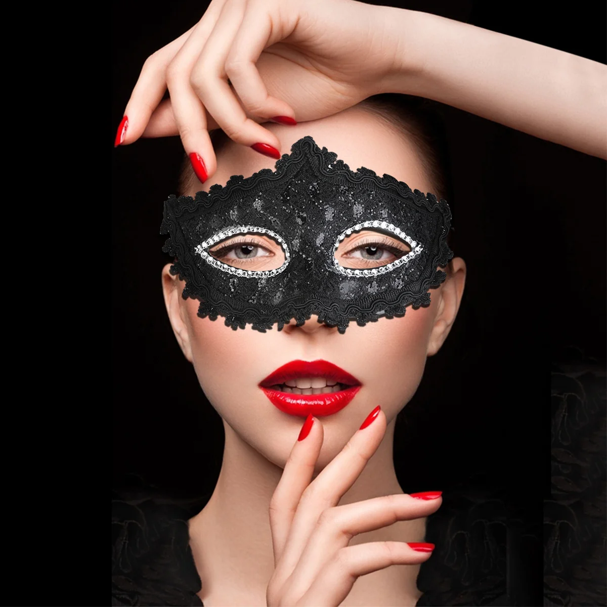 Maschera di Halloween Pizzo nero Strass Plastica durevole PU Cosplay Masquerade Costume Party Maschera veneziana Nera