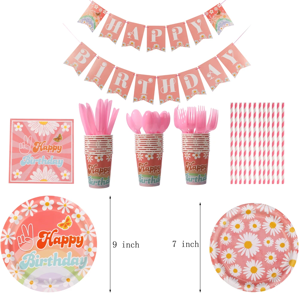 7/9inch Pink Flower Theme Disposable Tableware Flower Plate Napkin Straws Banner Birthday Party Baby Shower Wedding Decoration