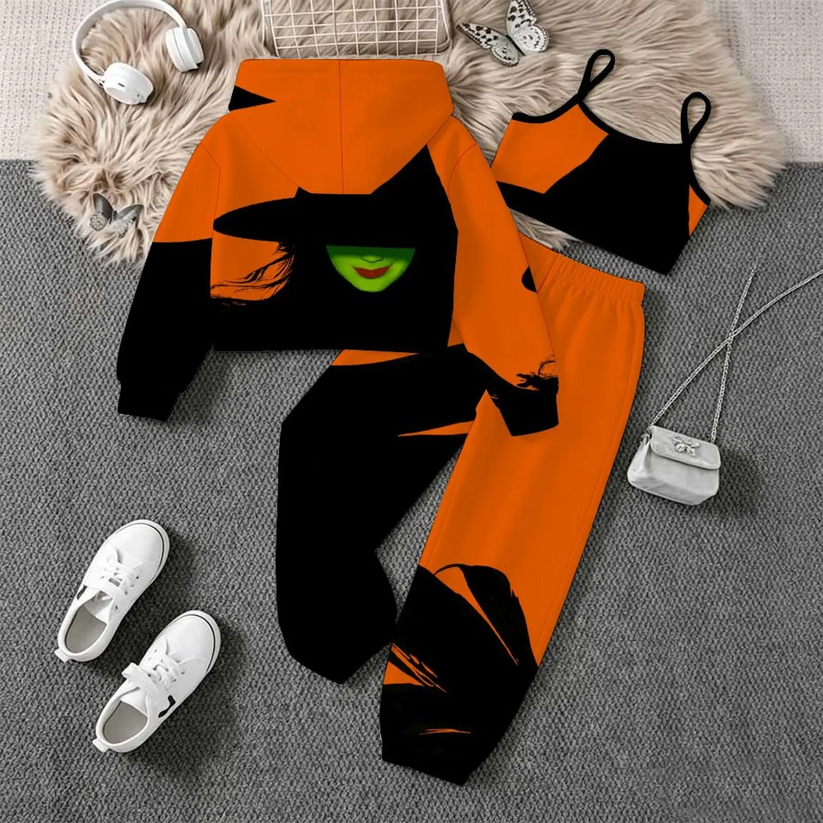 Fashion Coat All Hallows' Day Vest Daily Pants Children's Jogging Pants Casual Pants Autumn Winter Girls' Printed Three Piece