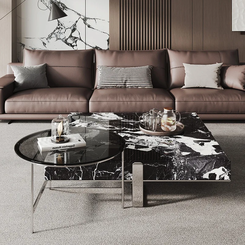 Black White Quartz Square Coffee Table Set, Italian Minimalist Designer for All Spaces, Heat & Scratch Resistant, Customizable