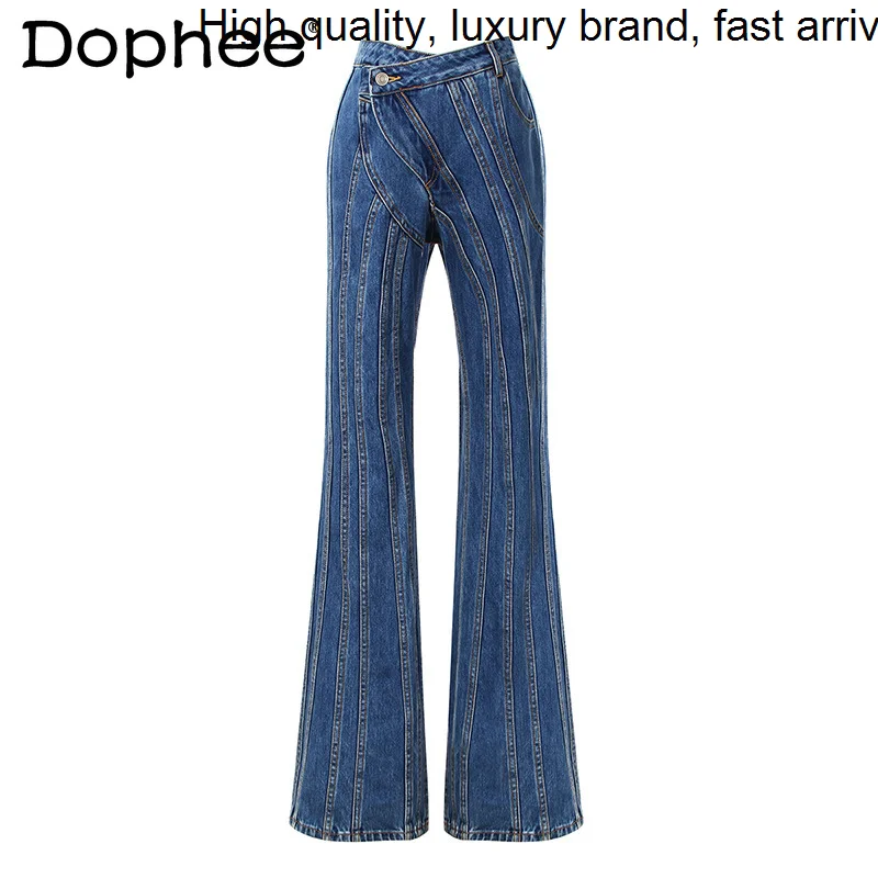 Jeans Asymmetric Striped Women High Waist Casual Irregular Trousers Female Patchwork Long Denim Pants Fashion Spring Summer 2023