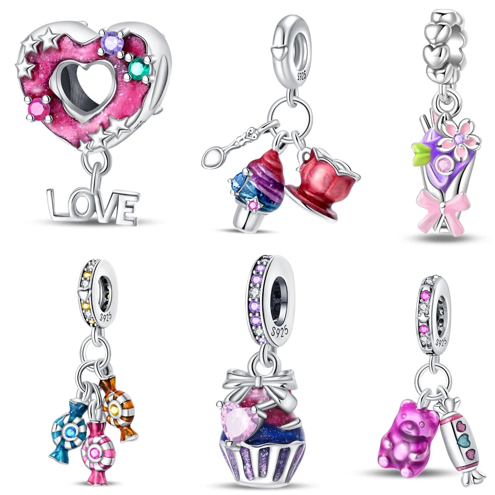 

Colorful 925 Sterling Silver Heart-shaped Donut & Candy Ice Cream Milk Tea Cup Triple Dangle Charm Fits Brand Bracelet