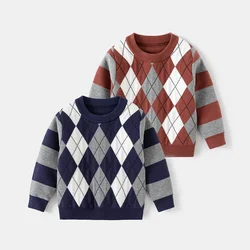 New 2024 Autumn Winter Baby Boys Warm Pullover Sweater Kids Fashion Diamond Pattern Knitwear Sweaters Tops Casual Clothing