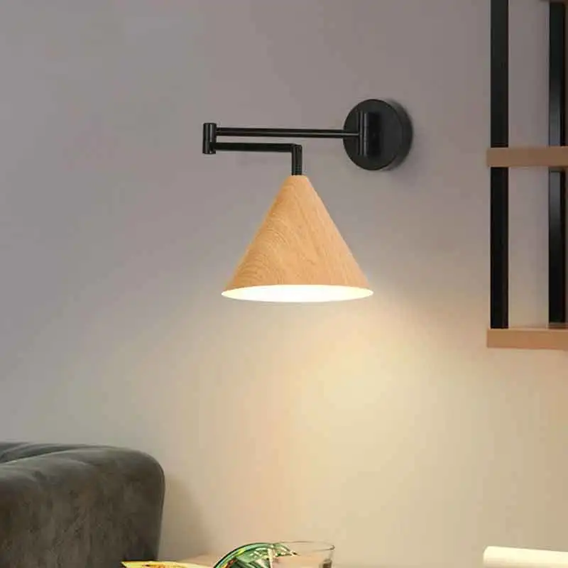 Nordic Wood Grain Rocker Arm Bedside Lamp Extendable Foldable Minimalist Design for Living Room Bedroom - Reading Light