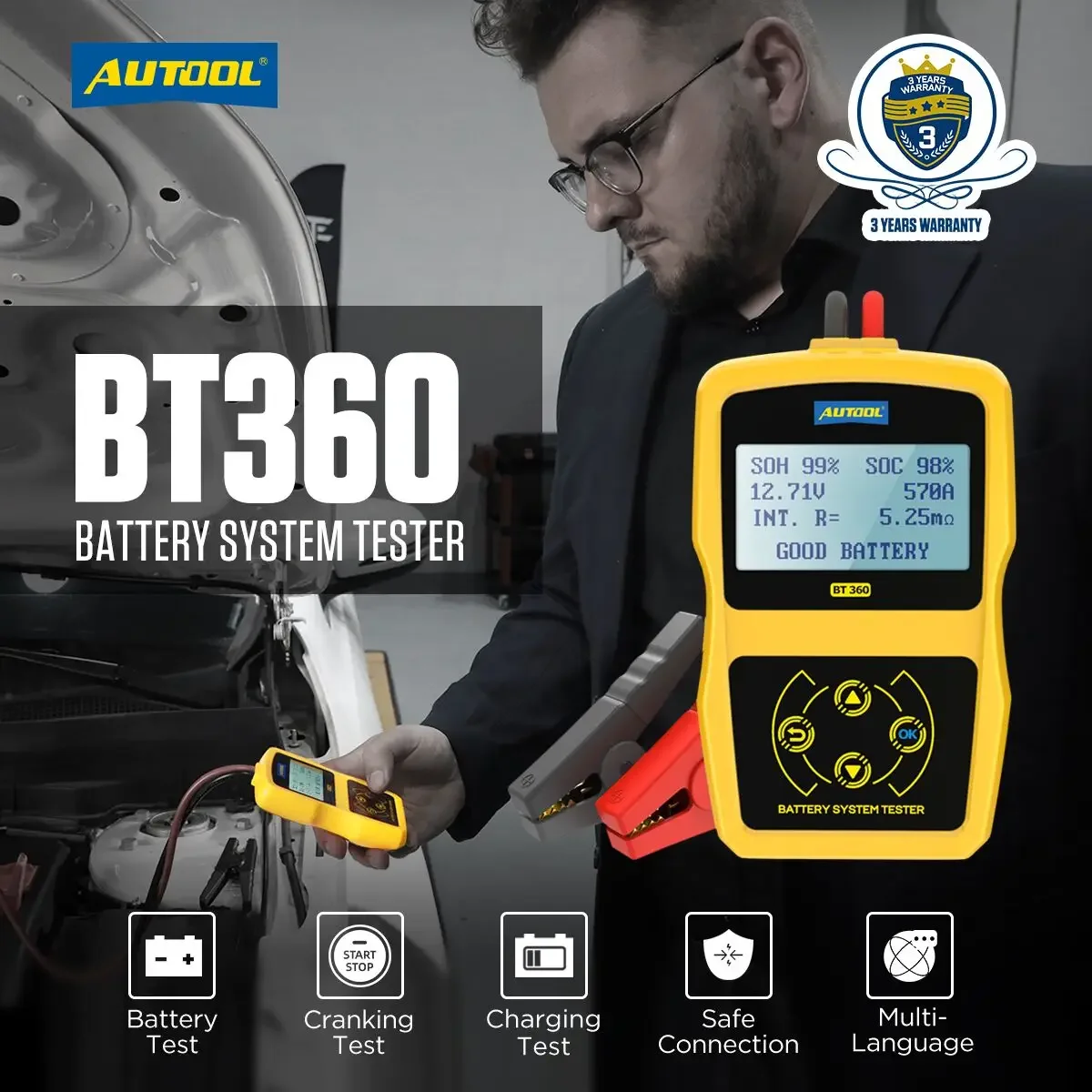 BT360 12V Car Battery Tester Digital Automotive Diagnostic Battery Tester Analyzer Vehicle Cranking Charging Scanner Tool