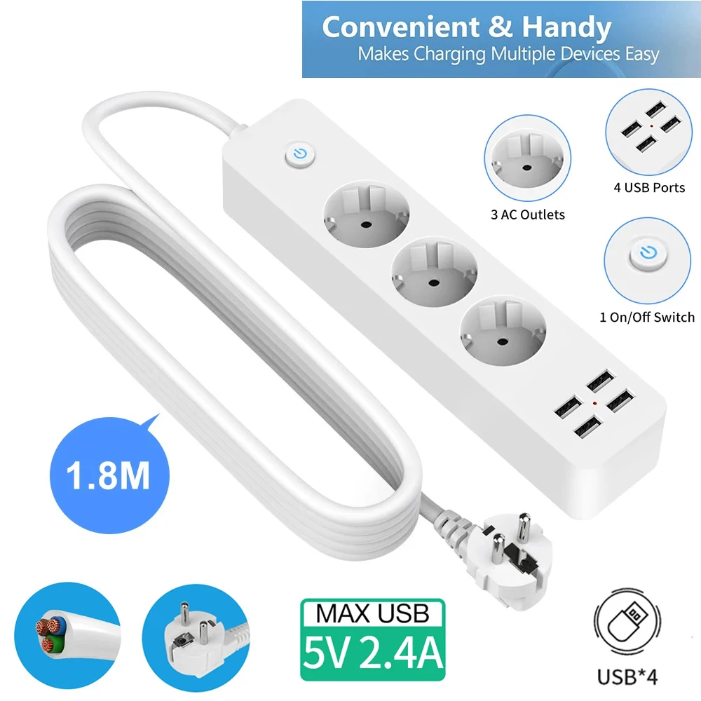 

EU Plug Socket With 4 USB Charging Ports 5V 2.4A 3 Outlet 1.8M 2200w 10A Extension Cord Fast Charge For Home Office Smartphone
