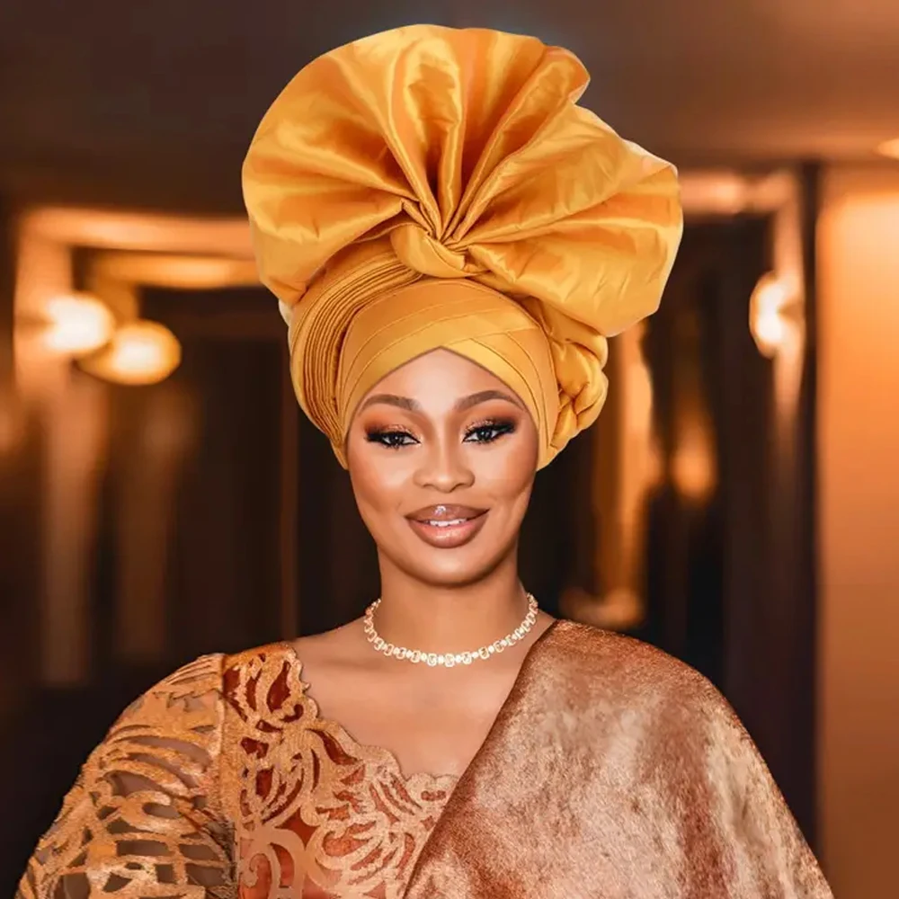 2024 afrykański damski turban czapka damska Autogele nakrycie głowy Nigeria surowy jedwab Fan Gele wesele nakrycia głowy nakrycia głowy Turbante
