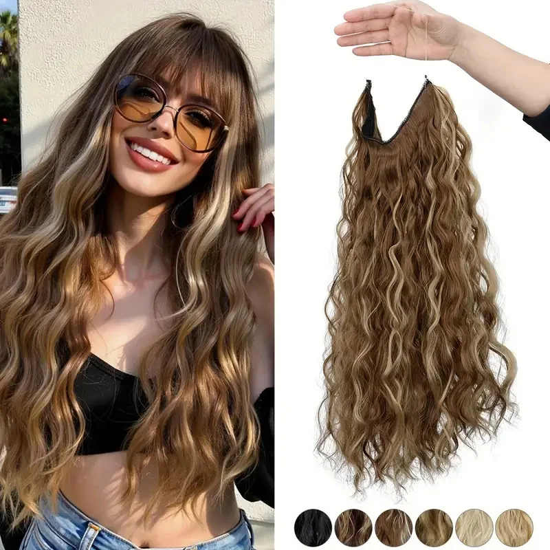 

18Inch Synthetic Fishing Line Hair Extension Black Blonde One Piece Long Wave Curly Invisible Fake Hairpiece for Women