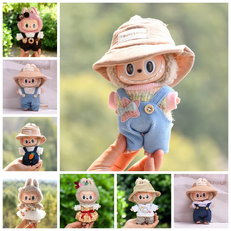 Cute Mini Plush Doll Clothes, 17cm, Outfit Acessórios para Coréia Kpop Exo Labubu Idol Dolls, Macacão Chapéu, DIY Kids Gift