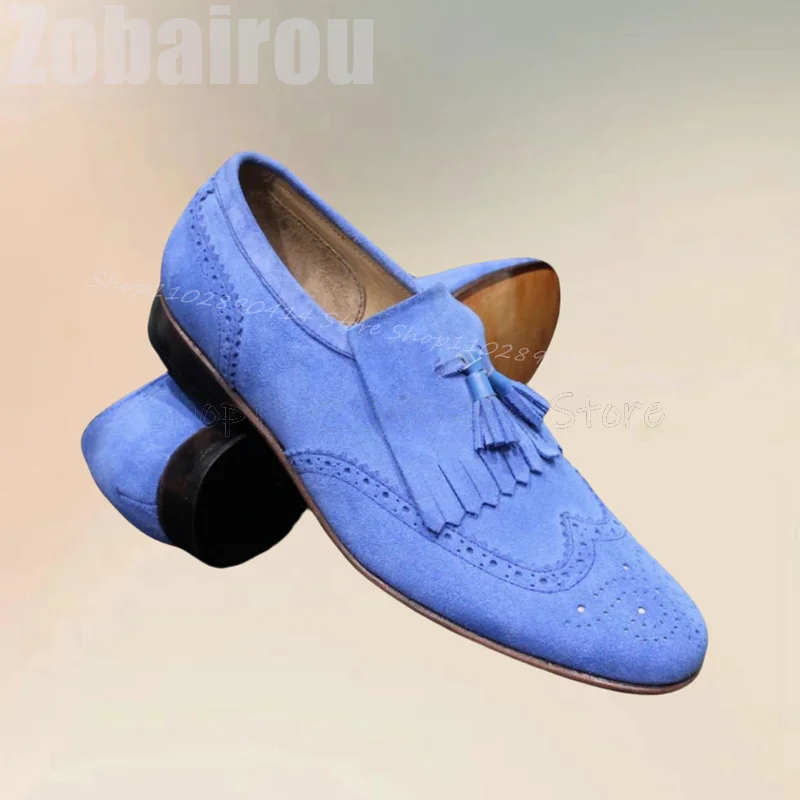 

Sky Blue Carving Design Tassels Decor Flock Loafers Fashion Slip On Men Shoes Luxurious Handmade Party Banquet Men Casual Shoes