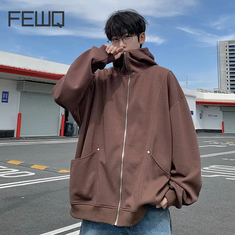 FEWQ Autumn Hooded Solid Color Zipper Casual Hoodie Simple Loose 2024 Solid Color Long Sleeve With Hat Male Tops 24E2567