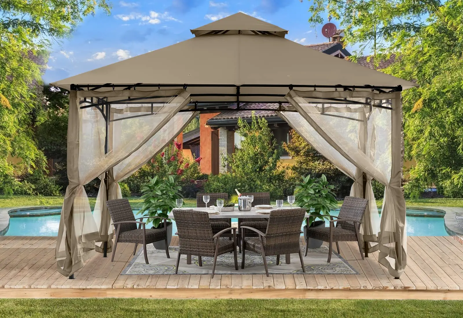 Gazebos for Patios 8x8 with Mosquito Netting, Khaki