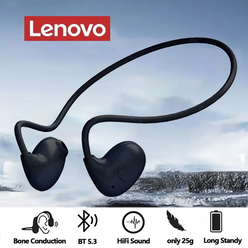 Lenovo-auriculares de conducción ósea con Bluetooth 5,3, inalámbricos deportivos, con gancho para la oreja, resistentes al agua, para correr y conducir