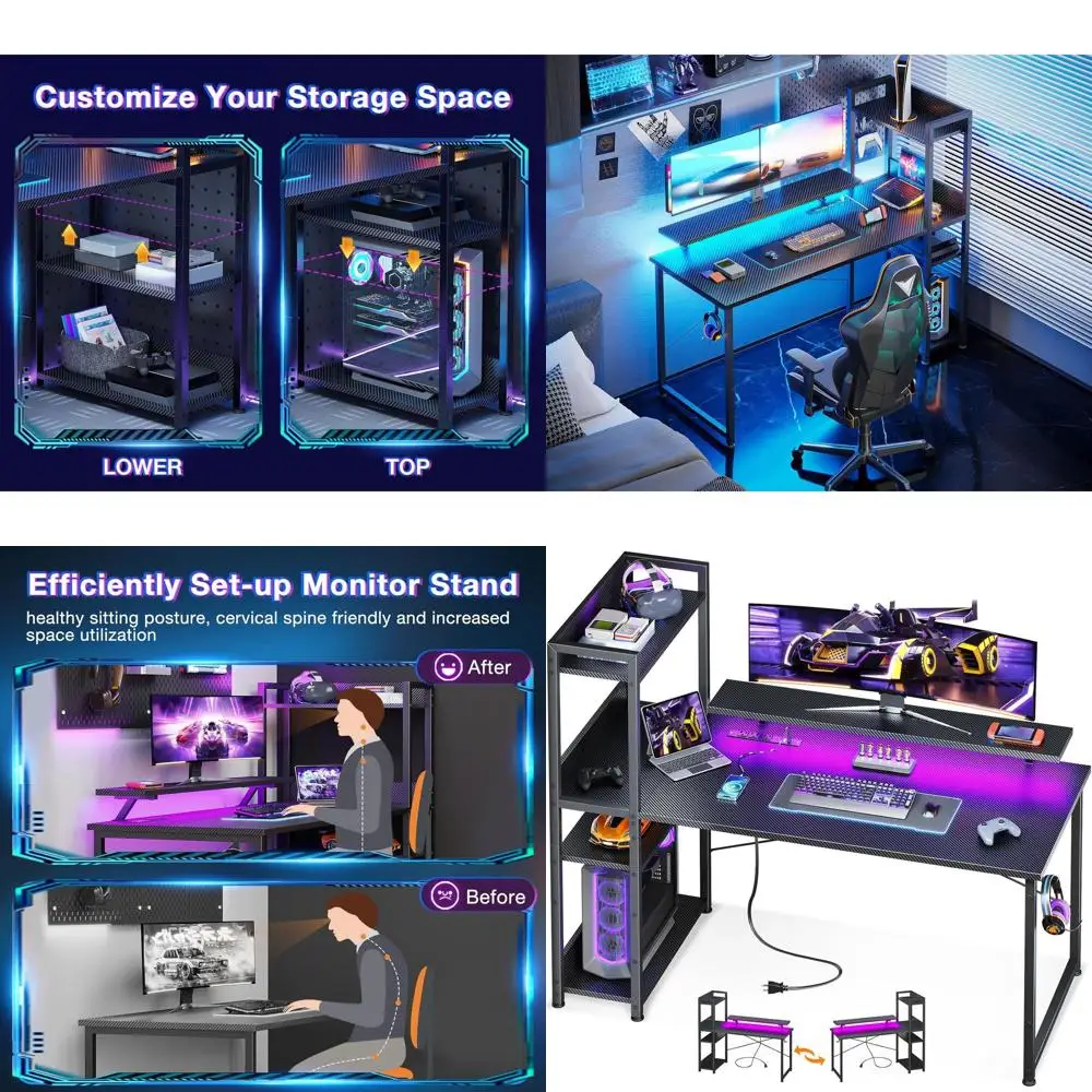 مكتب ألعاب قابل للعكس مع منافذ طاقة وأضواء LED، مكتب كمبيوتر مقاس 48 بوصة مع أرفف تخزين وحامل شاشة، حديث مع