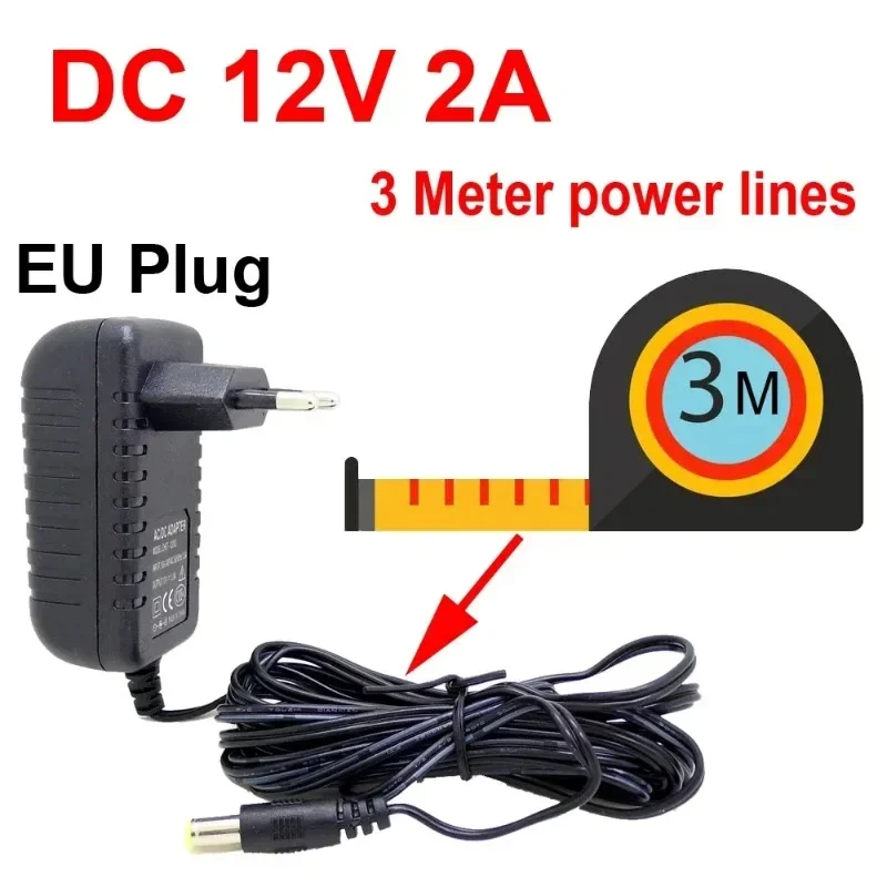Power adapter charger for CCTV Camera, Power Cable 3M, AC/DC, EU/US/UK Plug, AC 100 - 240V DC 12V 2A (2.1mm * 5.5mm)