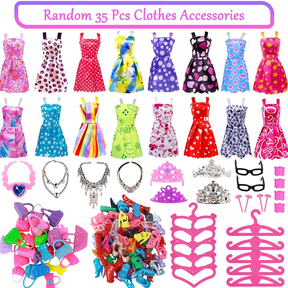 35 Item/Set Doll Accessories=10 Mix Fashion Cute Dress+10 Accessories+10 Hanger+5 Shoes Dress Clothes For Barbies Doll Toys Gift