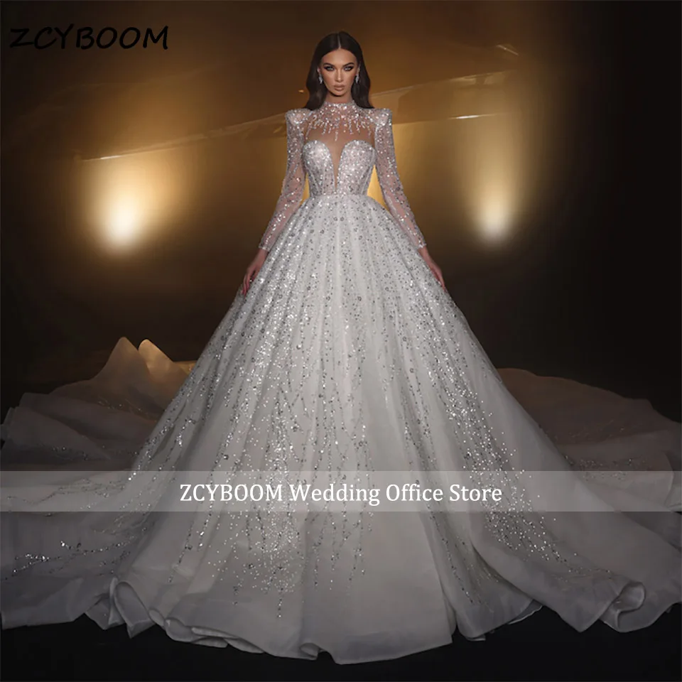 

Luxury Glitter Sequins Long Sleeves Princess Wedding Dress 2024 Illusion Back High Neck Dubai Arabic Bride Gown Vestido De Noiva