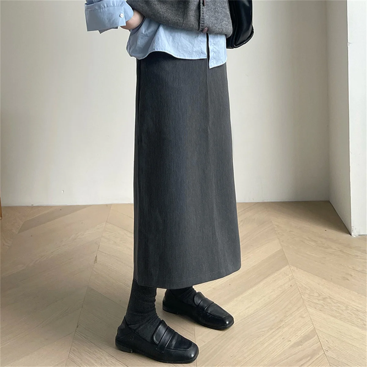 Chic Fashion Gray Black Sweater Coat Skirts Elegant Long Skirts Autumn Winter High Waist Midi Skirt Fashion New In Women Skirts
