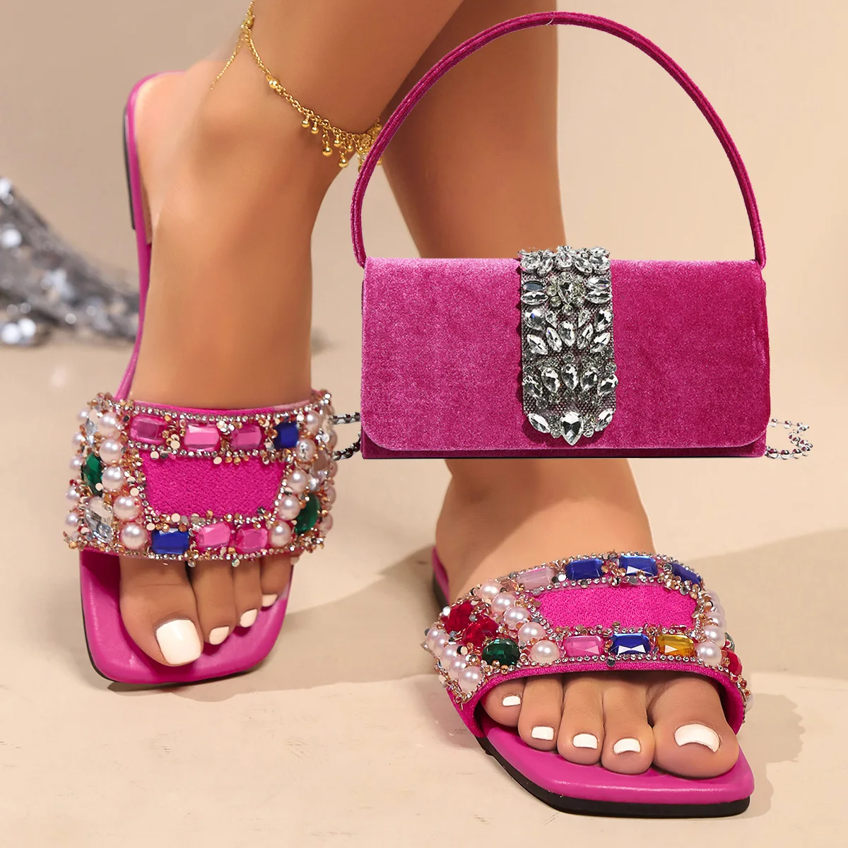 

Colorful Flat Slippers For Women In Summer 2026 New Water Diamond Pearl Decoration Large Size Cool Slippers Bright Diamond Bag