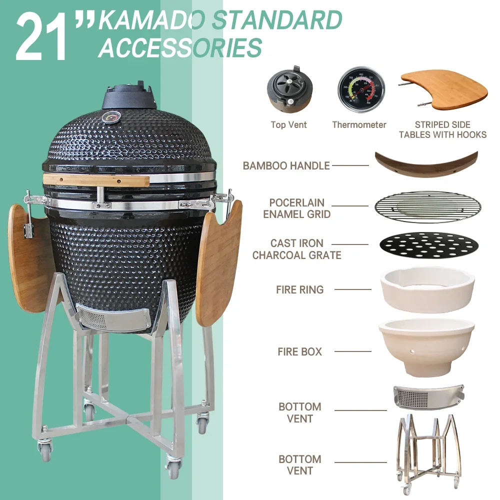 Classic Ceramic Kamado 21 Inch XL Big Joe Green Color Egg Bbq Charcoal Kamado Grill With Outdoor Kitchen