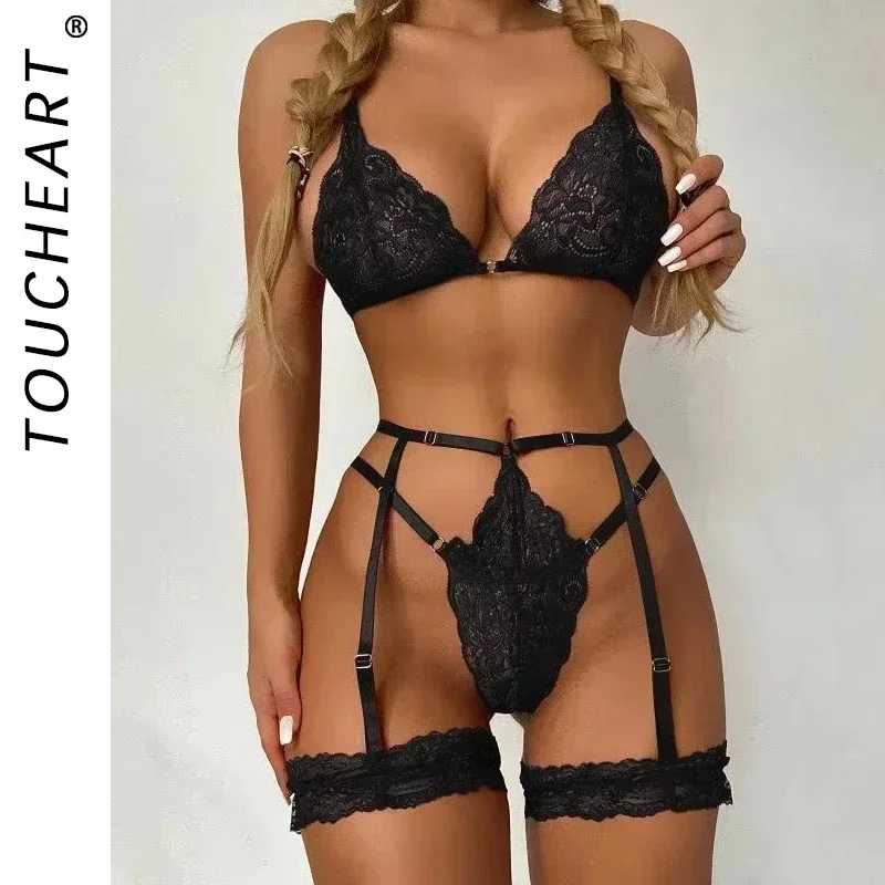 

Toucheart 3 Piece Set Sleepwear Suit Sexy Lingerie Women Thin Transparent Lace Bra Set See Through Female Erotic Underwear New