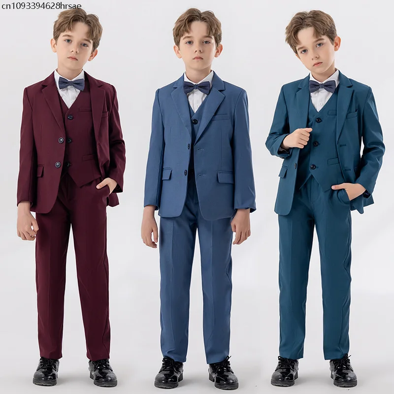 

Boys Slim Set Jakcet Vest Pants Bowtie Evening Dress Wedding Photograph Suit Children Piano Party Ceremony Performance Costume