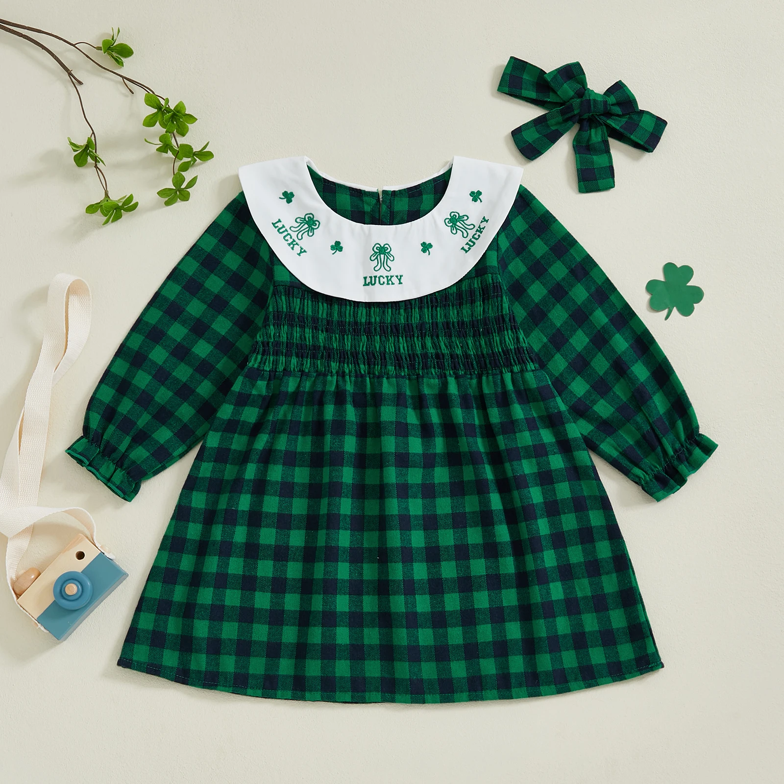 3-7Y Little Girl St.Patrick’sDay Dresses Lucky Clover Embroidery Shirred Doll Collar Long Sleeve A-line Dress with Bow Headband