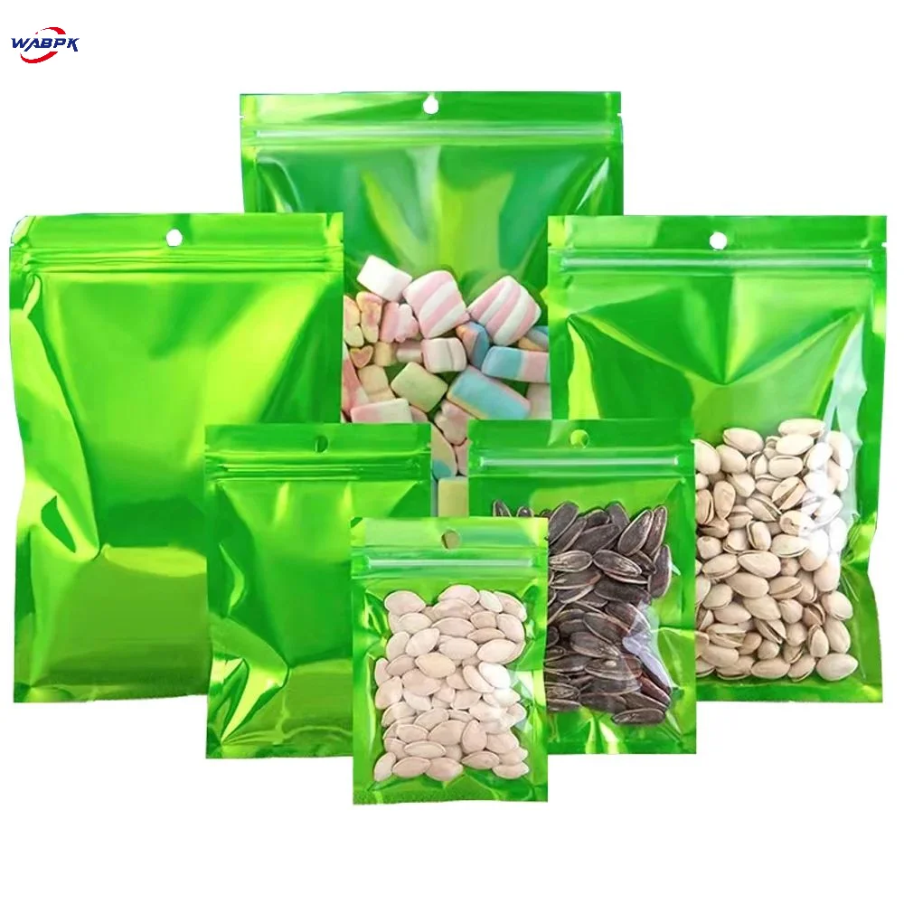 100Pcs/Lot Green Mylar Foil Clear Plastic Bag with Hang Hole Zip Lock Reclosable Tear Notch Food Dry Fruit Nut Tea Pack Pouches