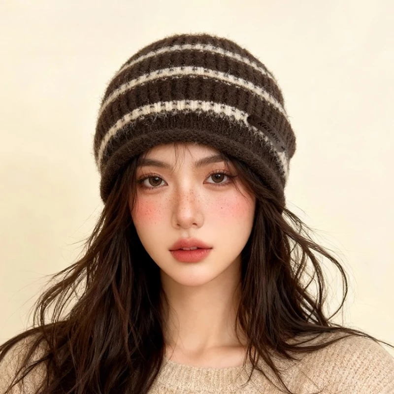 قبعة صوفية محبوكة مخططة عصرية ومتعددة الاستخدامات للرجال للخريف والشتاء قبعة Skullies Beanies الدافئة غير الرسمية للنساء #6