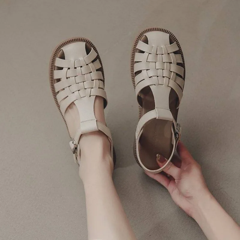 shoes Closed Toe Sandals Black Shoes For Women 2022 Summer Women\'s Heels Breathable Beige Low Retro Ladies Flat Gladiator