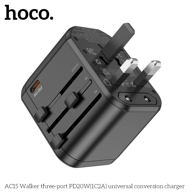 HOCO AC15 PD20W محول السفر العالمي شاحن يو اس بي تحويل ثلاثة منافذ المقابس نوع c الهاتف شحن سريع الولايات المتحدة الأمريكية الاتحاد الأوروبي المملكة المتحدة AUS المقابس