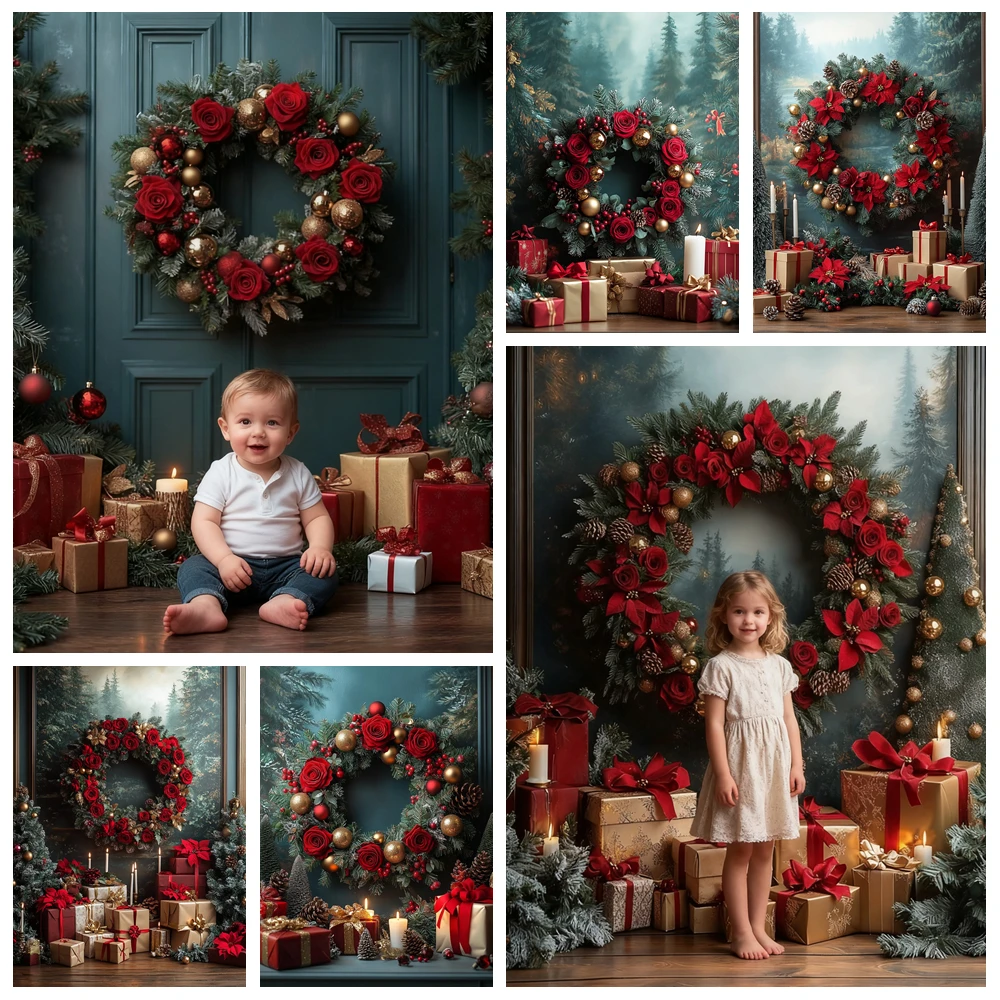 

Christmas Backdrop New Year Party Gifts Wreath Rose Birthday Background Xmas Home Decor Family Wallpaper Photo Studio Props
