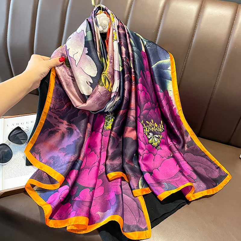 Spain Fashion Brand Women Silk Scarf Luxury Floral Stain Pashmina Shawls and Wraps Foulard Femme Bufandas Beach Hijab 180*90Cm