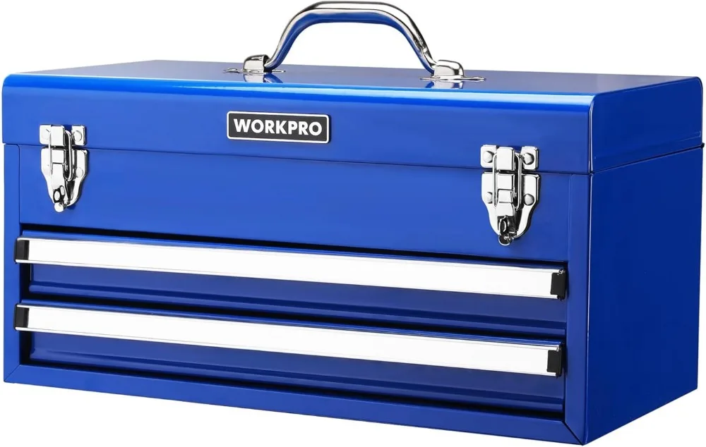 

18 Inch Portable Tool Box with 2 Drawers and Top Storage, Metal Latch and Liner for Garage, Office, Home, 100 LBS Capacity