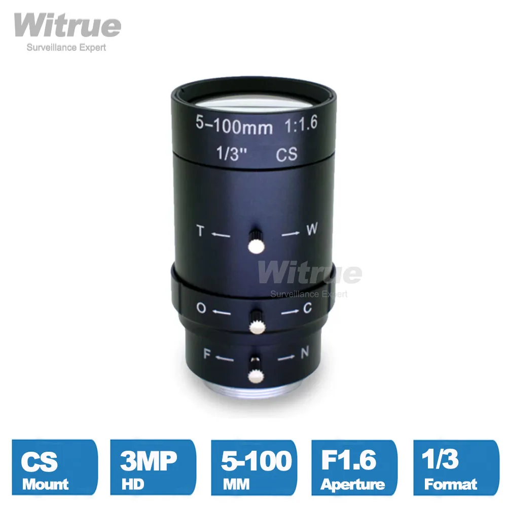 Witrue Varifocal Lens 5-100MM 20X Long View Distance CS Mount HD 3MP F1.6 1/3