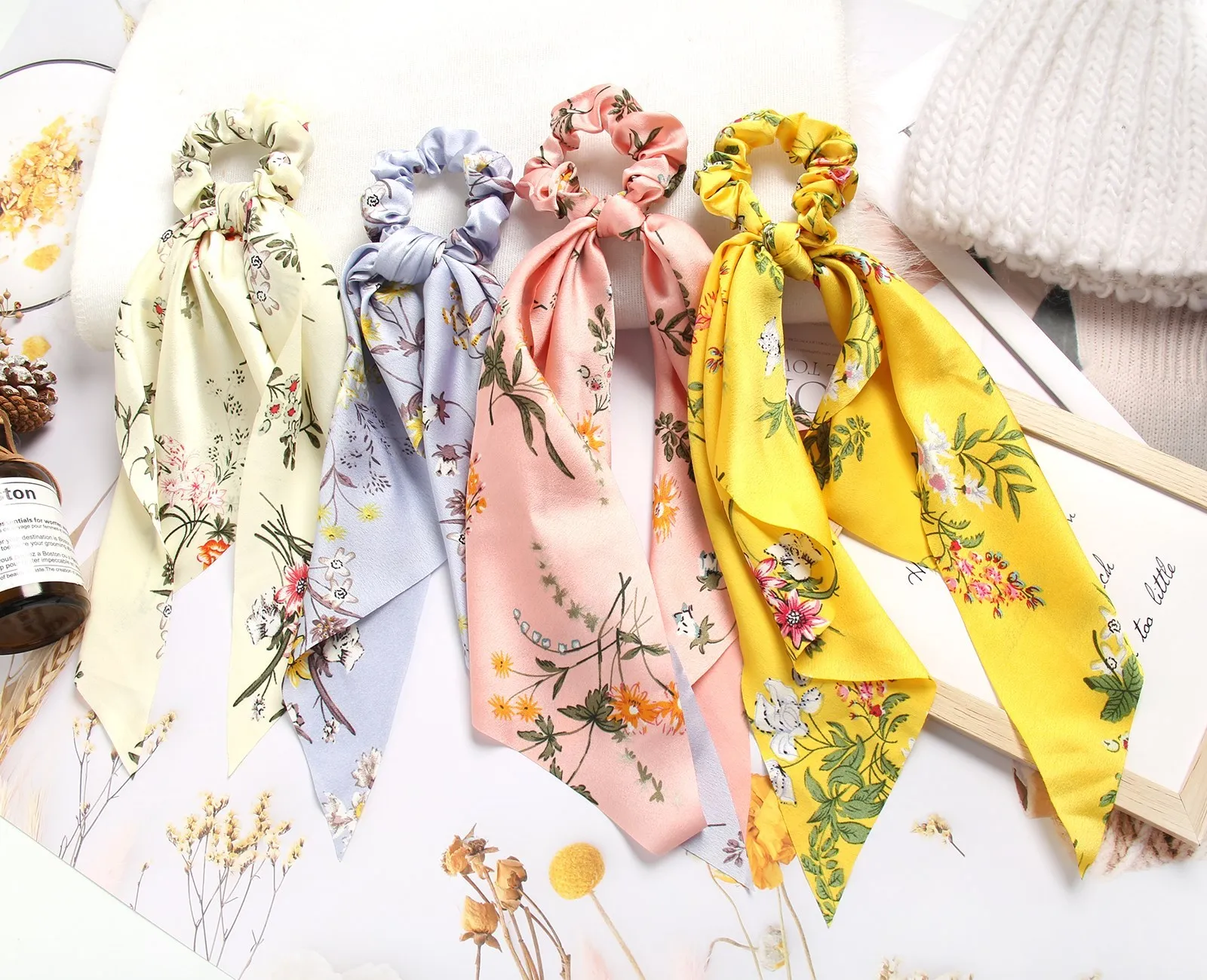 

Fashion Women Hair Scrunchies Floral Bows Ponytail Holder Ribbon Scrunchies Knotted Retro Girls Hair Ties Hair Accessories