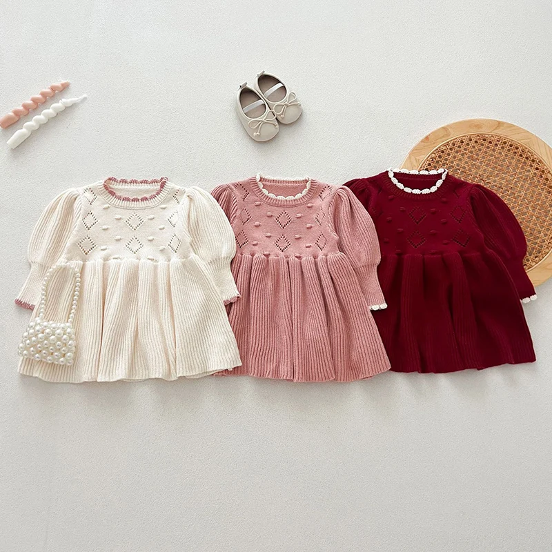 2024 New Autumn 0-4Yrs Baby Girl Party Dress Long Sleeved Knitted Kids Princess Dresses Children Knitting Clothes